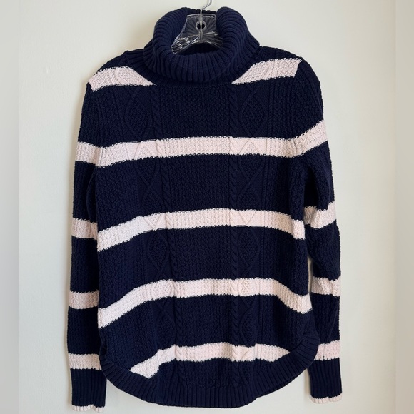 GAP Sweaters - GAP Navy and Cream Striped Turtleneck Sweater with Various Cable Knit Design